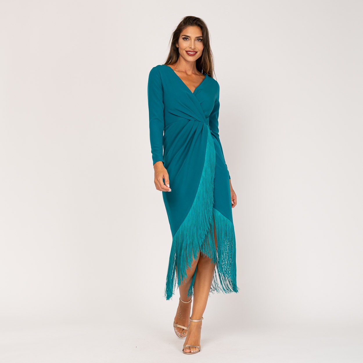 Vestido midi de fiesta azul con flecos