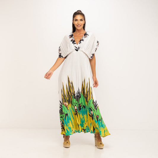 Vestido Blanco con estampado tropical verde satinado plisado corte japonés MANGO ZARA