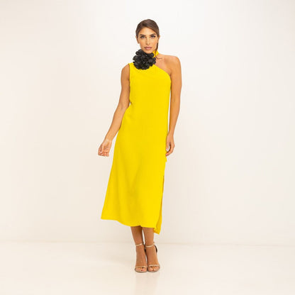 Vestido de Fiesta Amarillo Rosa en el cuello MANGO ZARA