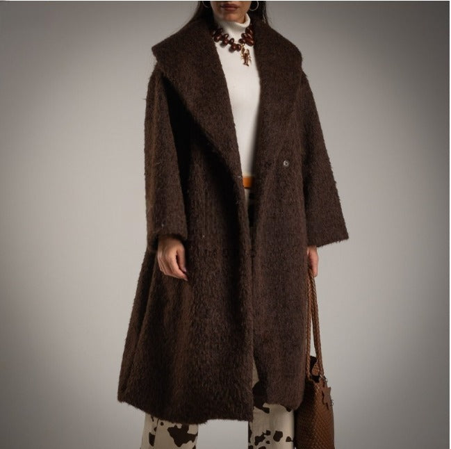 Abrigo largo recto con solapa de pelo de camello sintetico marron chocolate