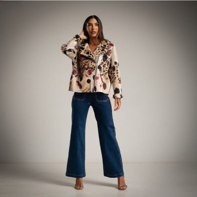 Biker beige Animal Print, flores, plumas, mariposas