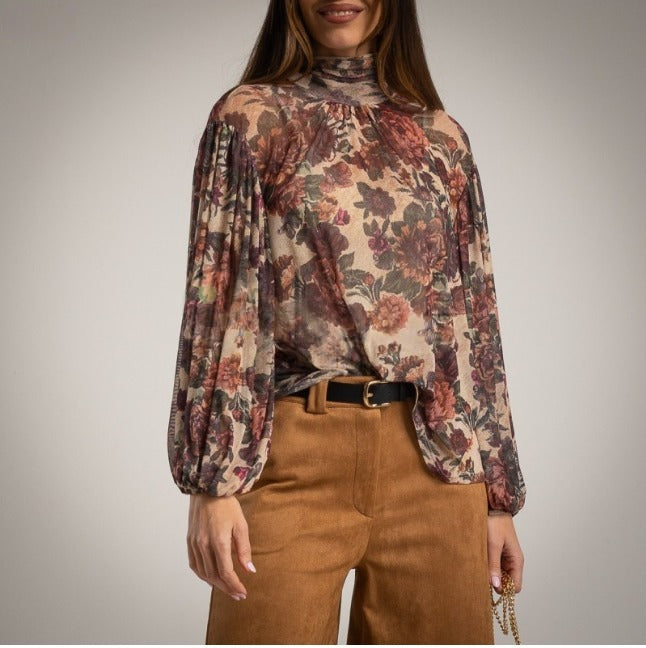 Blusa de tul estampado Floral Mangas Globo Lazo al cuello