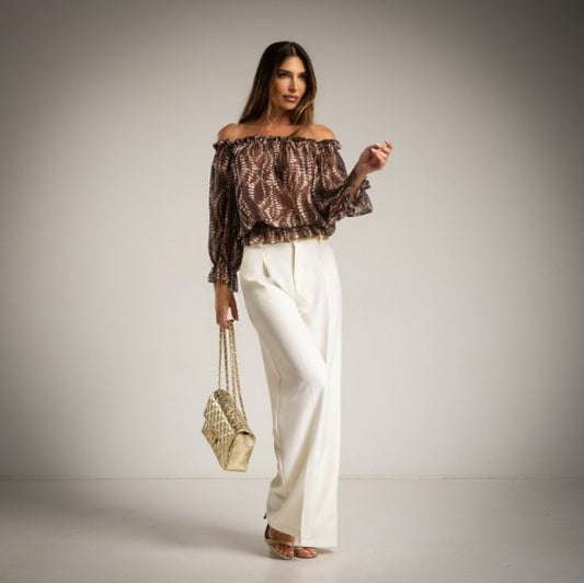 Blusa estampada escote bardot marron chocolate