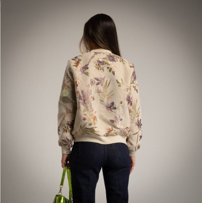 Bomber beige estampado floral con pedrería e hilo dorado Moda50