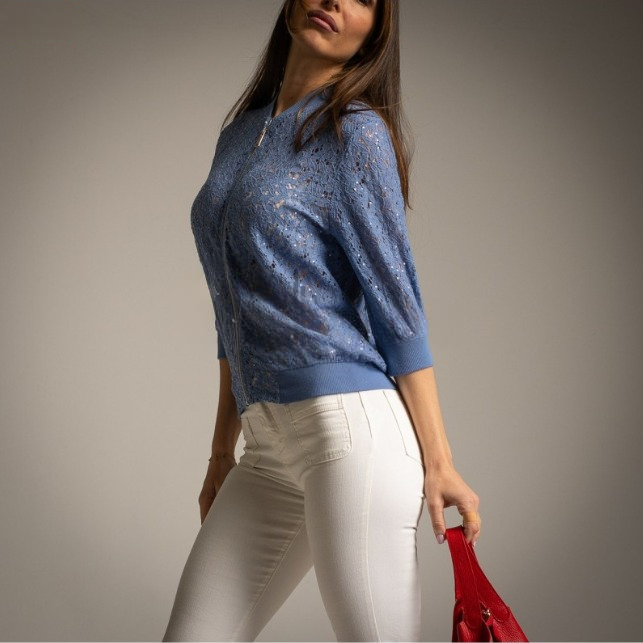 Bomber de Encaje  con lentejuelas azul denim Chris Botti Shop