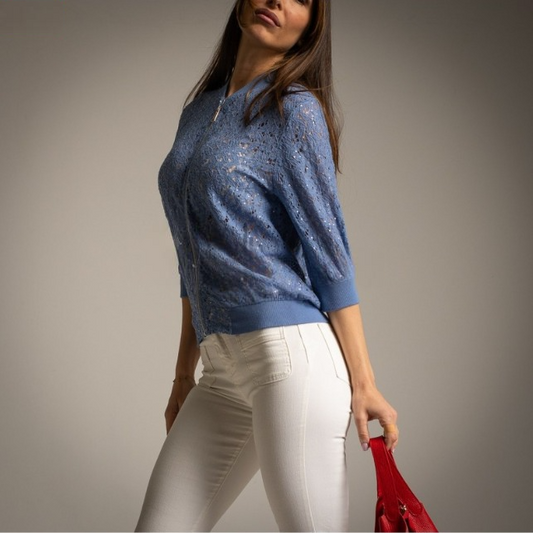 Bomber de Encaje  con lentejuelas azul denim Chris Botti Shop