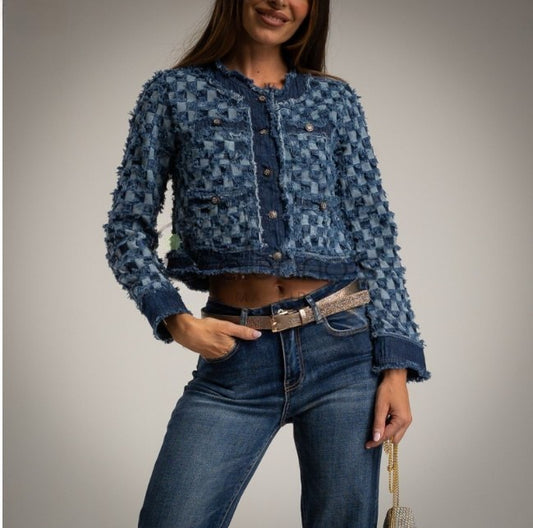 Chaqueta Tipo Chanel Azul Denim cuadros desflecados