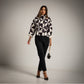 Chaqueta estampado geomtrico blanco y negro doble cremallera y cuello chimenea Moda50