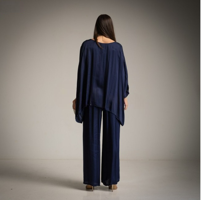 Conjunto Casaca y Pantalón Oversize Satinado Azul Marino