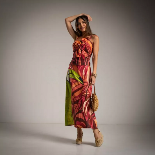 Conjunto falda y top estampado tropical rosa, naranja y lima