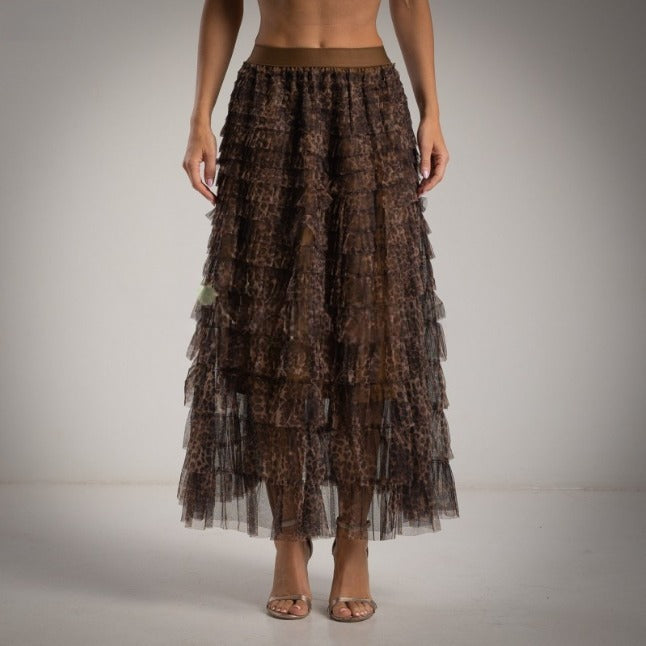 Falda de Tul con volantes estampado animal print marron