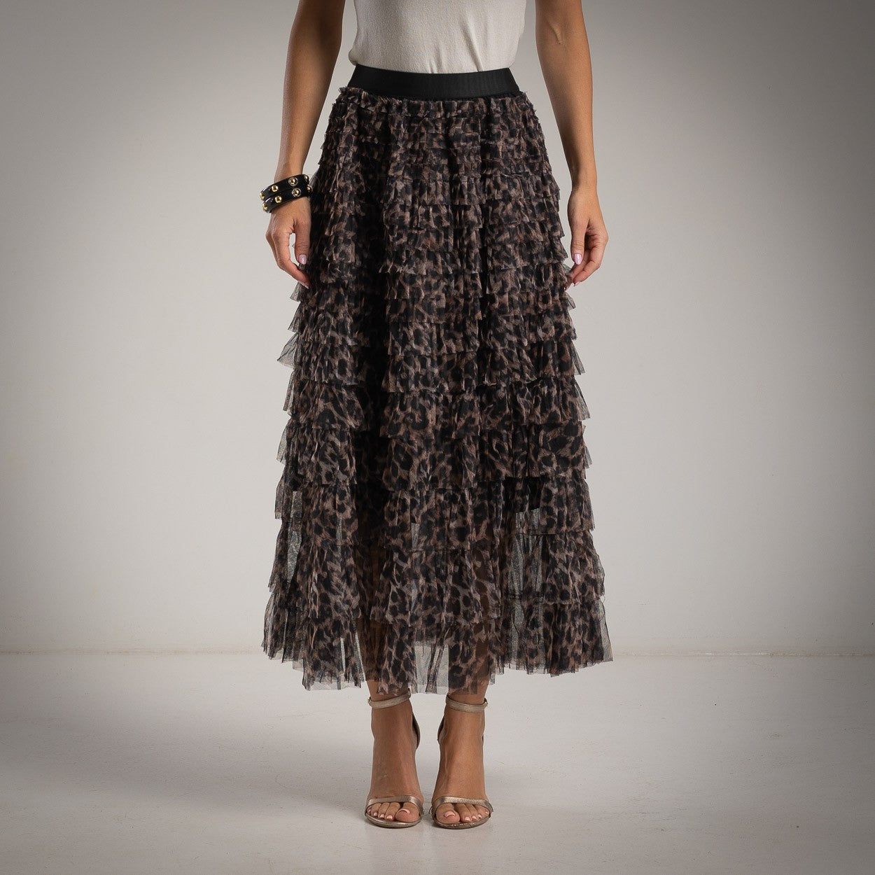 Falda de Tul con volantes estampado animal print taupe