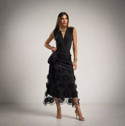 Falda de Tul negra con flores bordadas Moda50