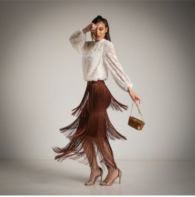 Falda de flecos marron chocolate