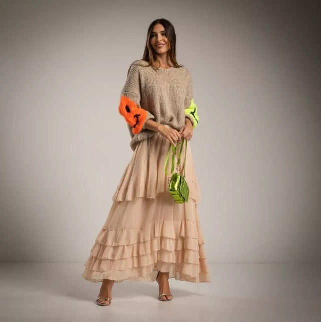 Falda de gasa con volantes beige