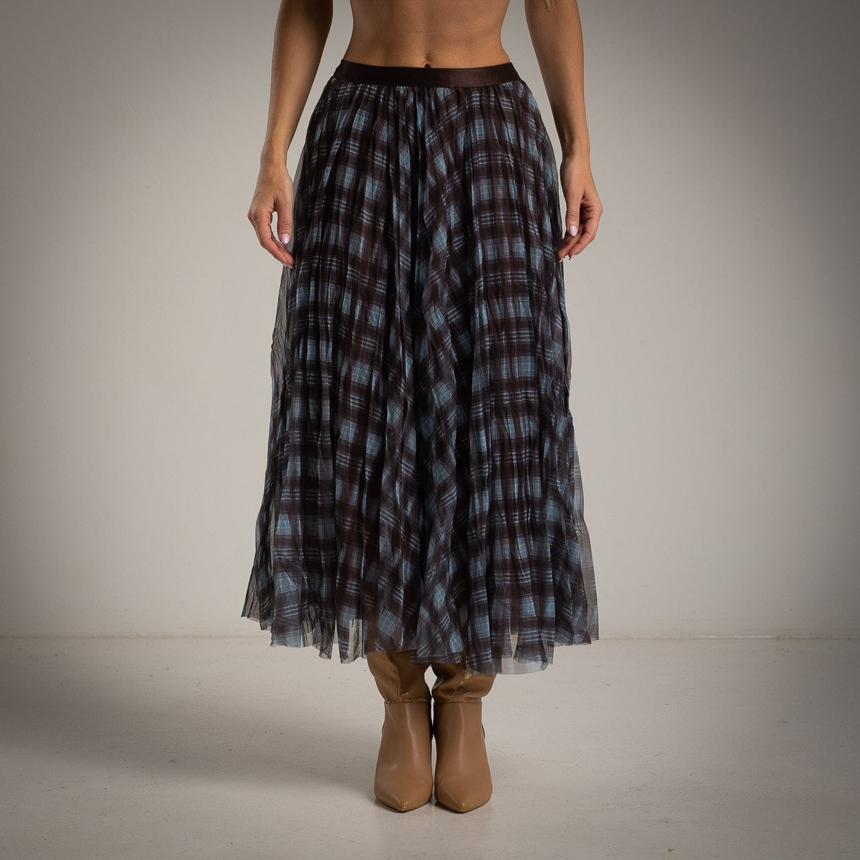Falda de tul cuadros tartan azul empolvado Moda50