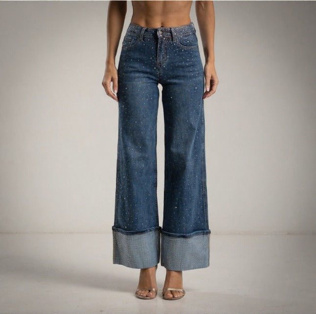 Jeans Azules Wide leg con brillantes incrustados