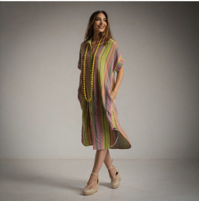 Kaftan Kaki, Rosa  y Verde Fluor de algodon con bolsillos