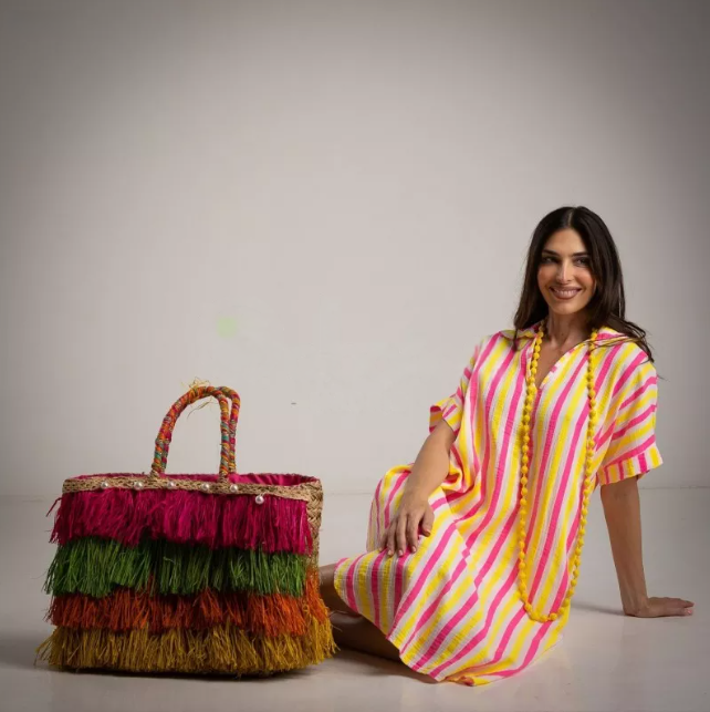 Kaftan a rayas amarillo y fucsia