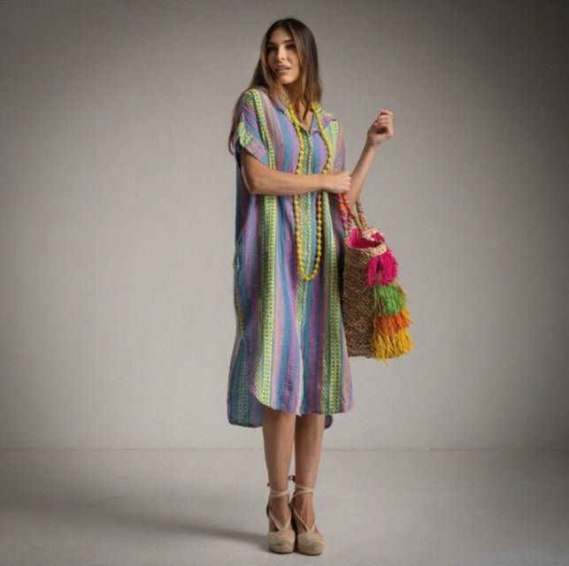 Kaftan azul empolvado, verde fluor y rosa de algodon con bolsillos