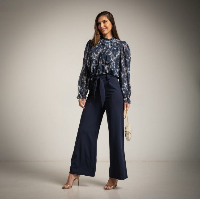 Pantalón Crepe palazzo azul marino con lazo en la cintura