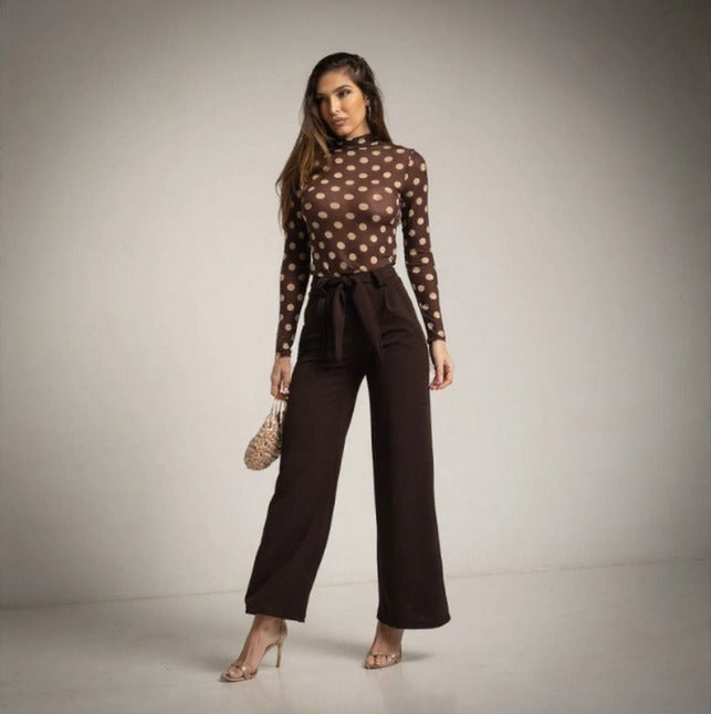 Pantalón Crepe palazzo marron chocolate con lazo en la cintura