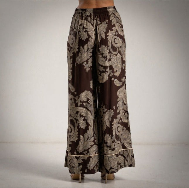 Pantalón marron chcolate estampado pasley satinado