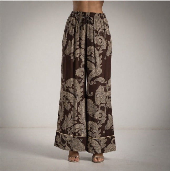 Pantalón marron chcolate estampado pasley satinado