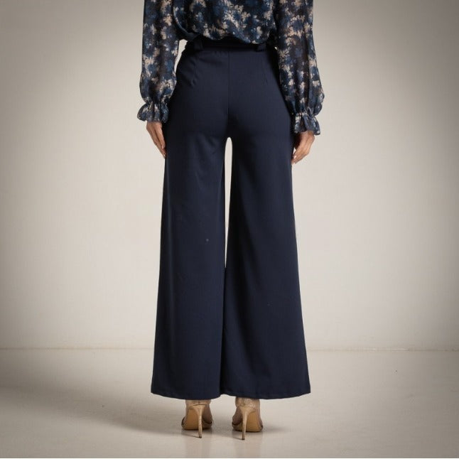 Pantalón Crepe palazzo azul marino con lazo en la cintura Moda50