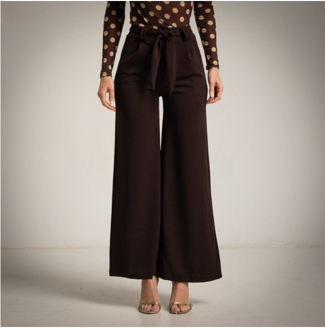 Pantalón Crepe palazzo marron chocolate con lazo en la cintura