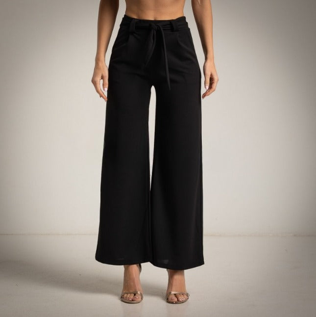 Pantalón Crepe palazzo negro con lazo en la cintura