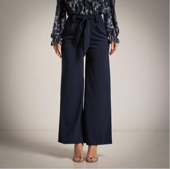 Pantalón Crepe palazzo azul marino con lazo en la cintura Moda50