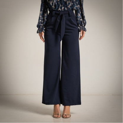 Pantalón Crepe palazzo azul marino con lazo en la cintura Moda50