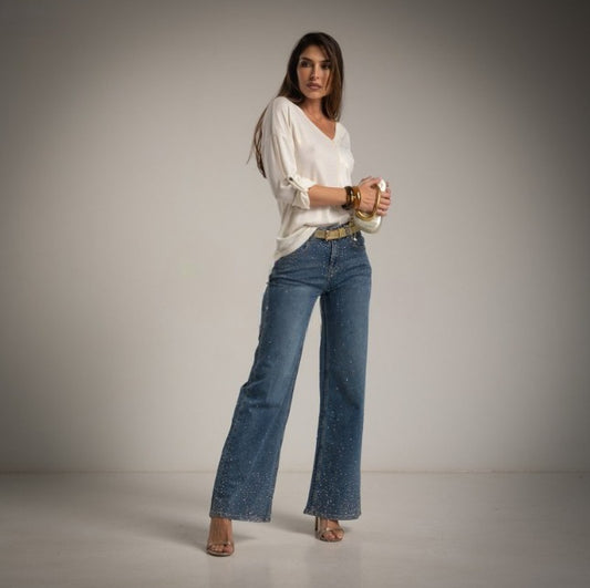 Pantalon vaquero wide leg con cristales de swarovski