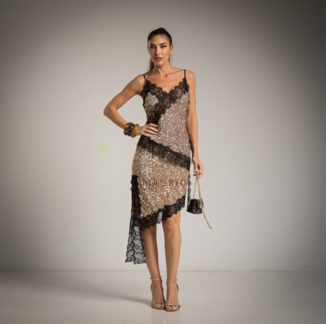 Top lencero asimetrico de lentejuelas oro y Falda Lencera Asimetrica de Lentejuelas Oro