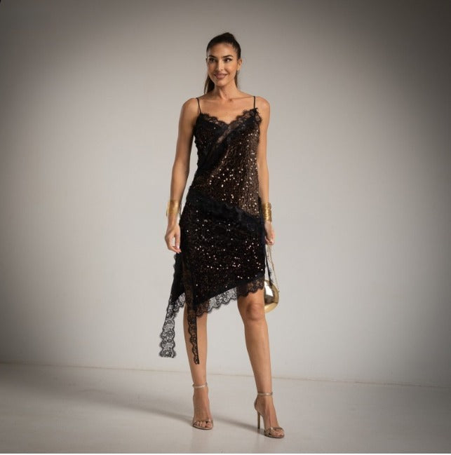 Top_lencero_de_lentejuelas_marron chocolate y Falda Lencera Asimetrica de Lentejuelas Marron chocolate