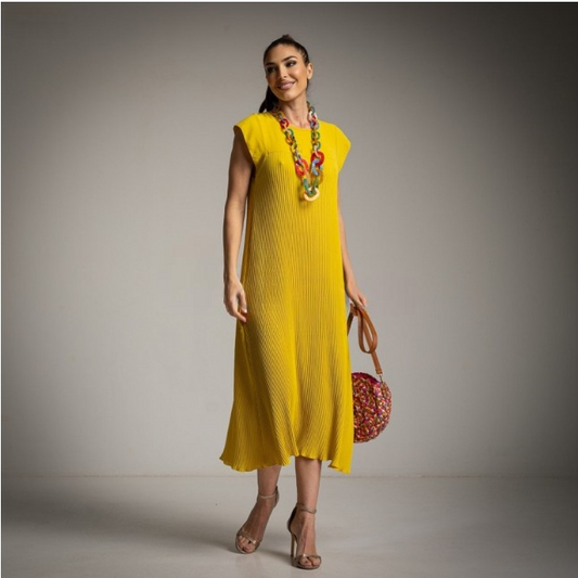 Vestido Plisado Mostaza