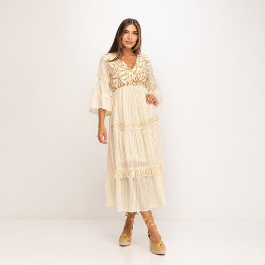 Vestido boho blanco bordado dorado
