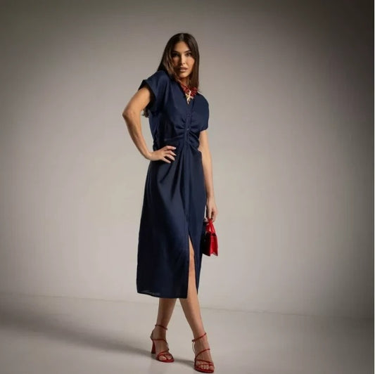Vestido Camisero de Lino Azul Marino