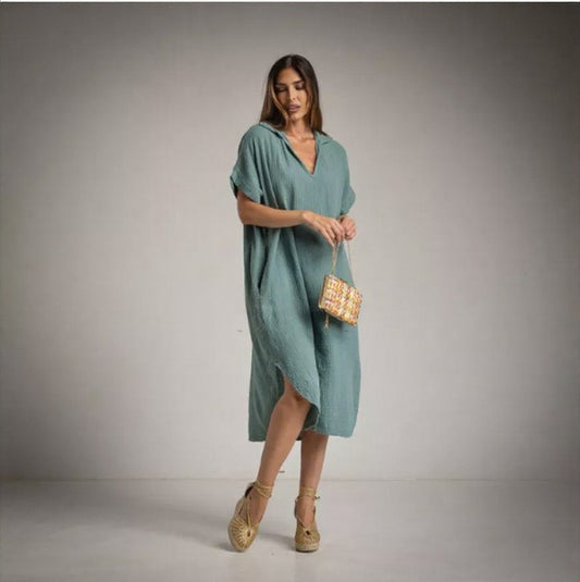 Vestido Camisero Kaftan verde empolvado
