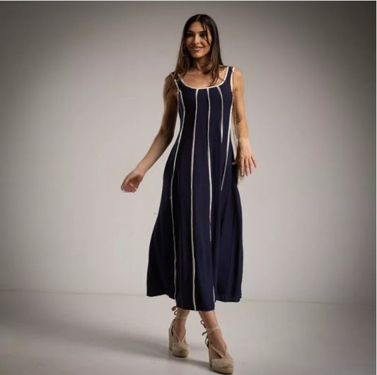 Vestido Casual Azul Marino con Rayas blancas