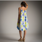 Vestido Corto playero con estampado de conchas amarillo y azul