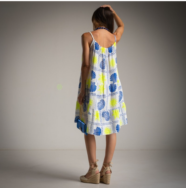 Vestido Corto playero con estampado de conchas amarillo y azul