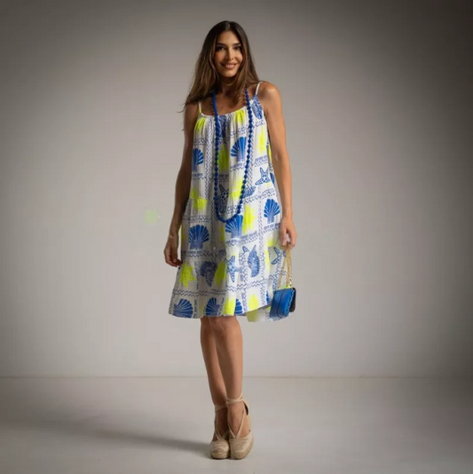 Vestido Corto playero con estampado de conchas azul y amarillo