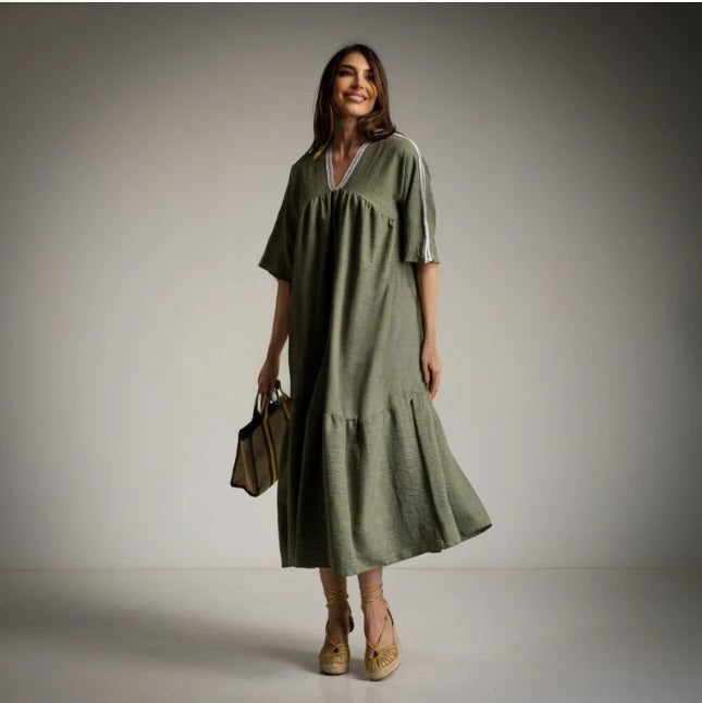 Vestido Holgado con Volantes Kaki ZARA
