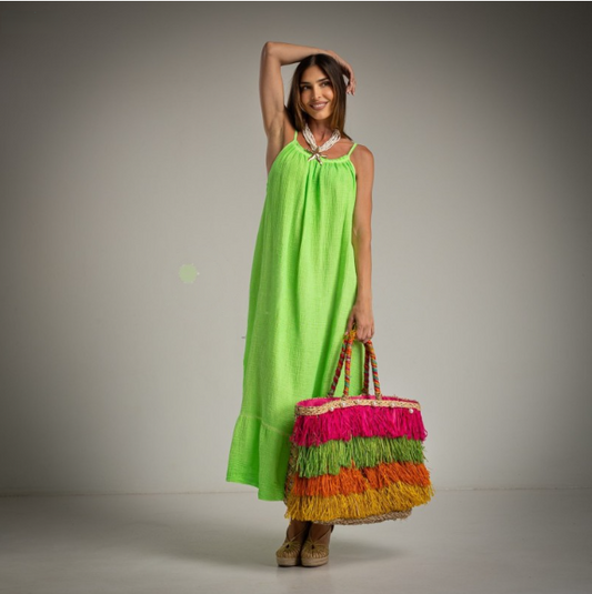 Vestido LArgo de Algodon para playa en color verde fluor