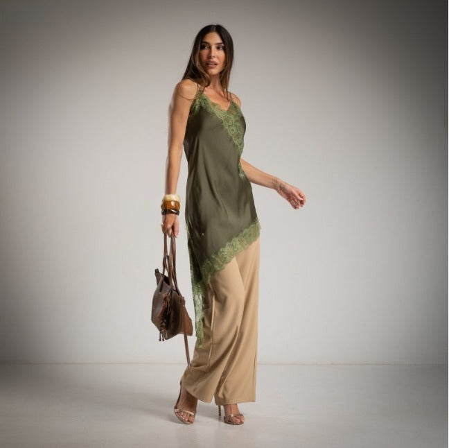 Vestido Lencero Satinado Asimetrico  Caqui