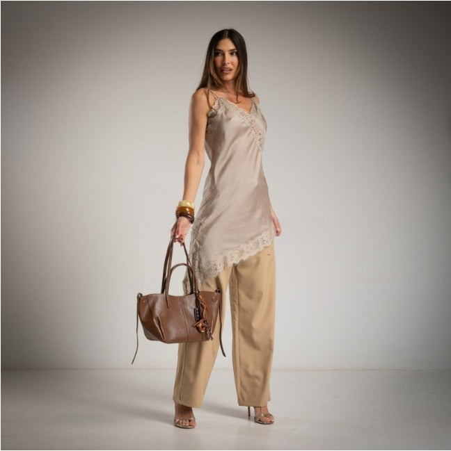 Vestido Lencero Satinado Asimetrico Crudo