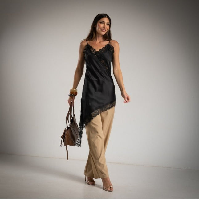 Vestido Lencero Satinado Asimetrico Negro