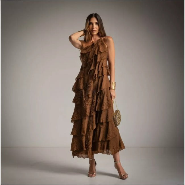 Vestido asimetrico con volantes marron